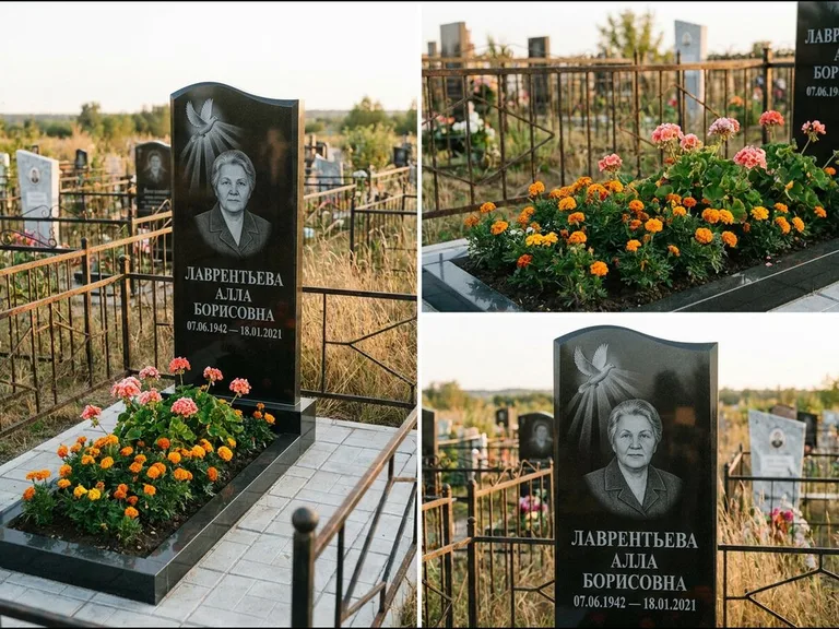 Памятник с гравировкой голубей — гравировка голубя в лучах света над портретом, работа «Лаврентьева» в Тюмени