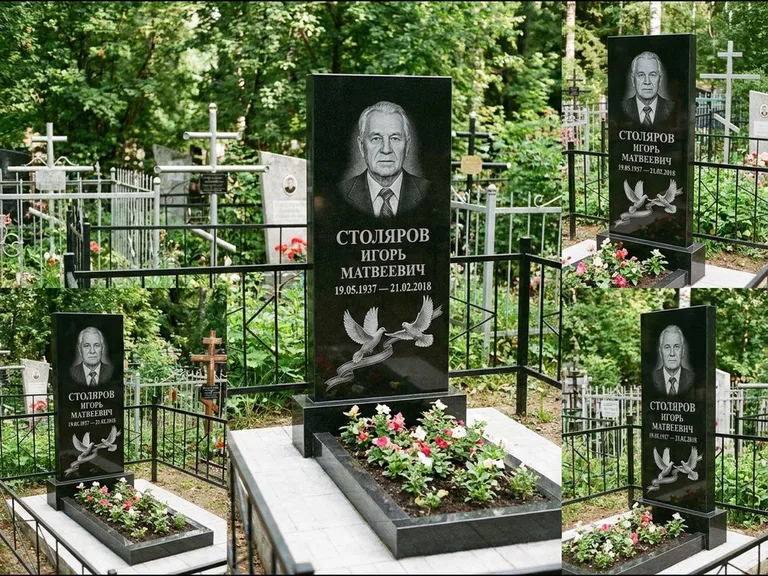 Памятник с гравировкой голубей — гравировка двух летящих голубей с лентой по диагонали стелы, работа «Столяров» в Тюмени