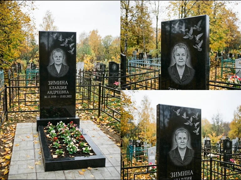Памятник с гравировкой голубей — гравировка стаи голубей, взлетающей от угла стелы, работа «Зимина» в Тюмени
