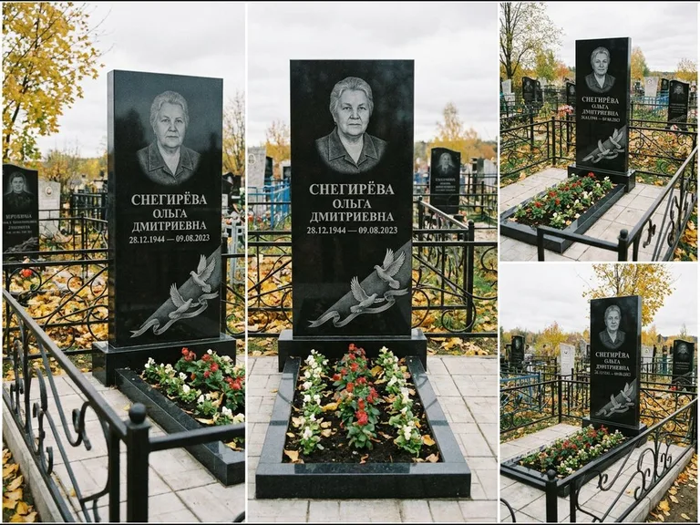 Памятник с гравировкой голубей — гравировка двух летящих голубей с лентой по диагонали стелы, работа «Снегирёва» в Тюмени