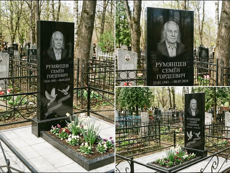 Памятник с гравировкой голубей — гравировка двух летящих голубей с лентой по диагонали стелы, работа «Румянцев» в Тюмени