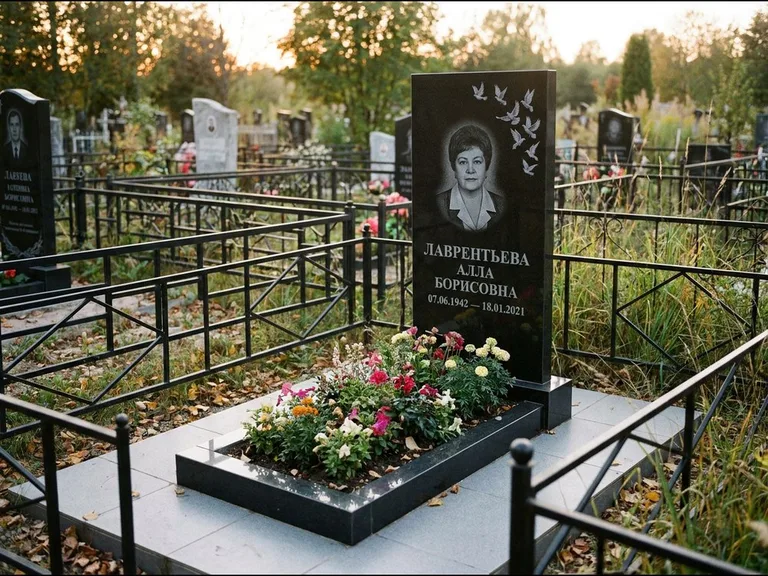 Памятник с гравировкой голубей — гравировка стаи голубей, взлетающей от угла стелы, работа «Лаврентьева» в Тюмени
