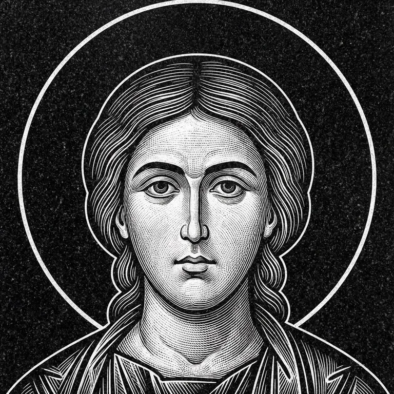 Эскиз иконы: Георгий Победоносец — воинам, гравировка на памятник в Тюмени