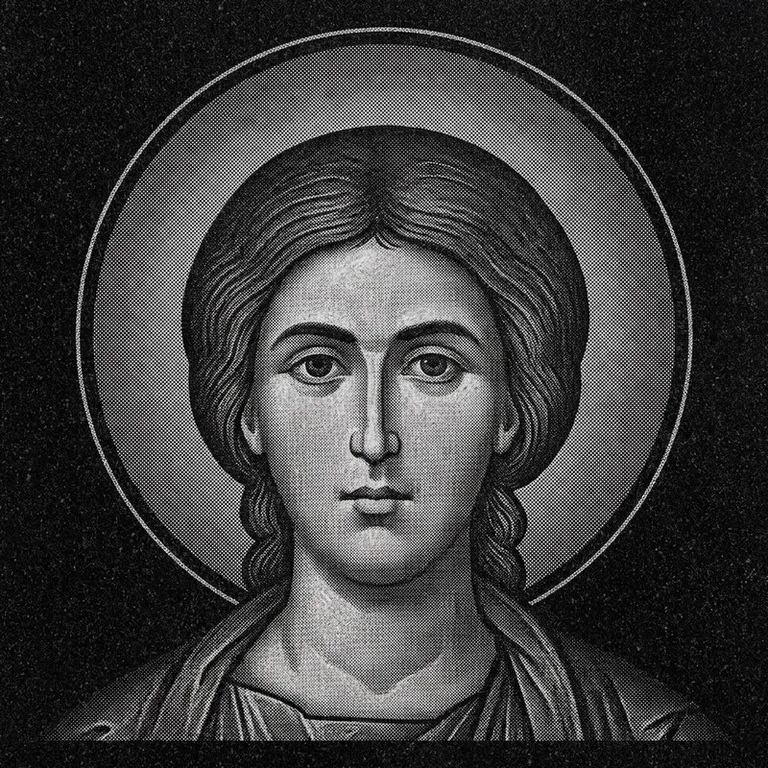 Эскиз иконы: Георгий Победоносец (полутон) — воинский образ, гравировка на памятник в Тюмени