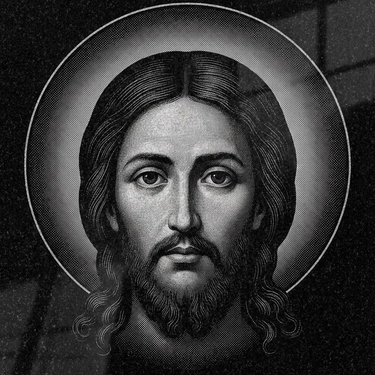 Эскиз иконы: Спас Нерукотворный (полутон) — детальный лик на убрусе, гравировка на памятник в Тюмени
