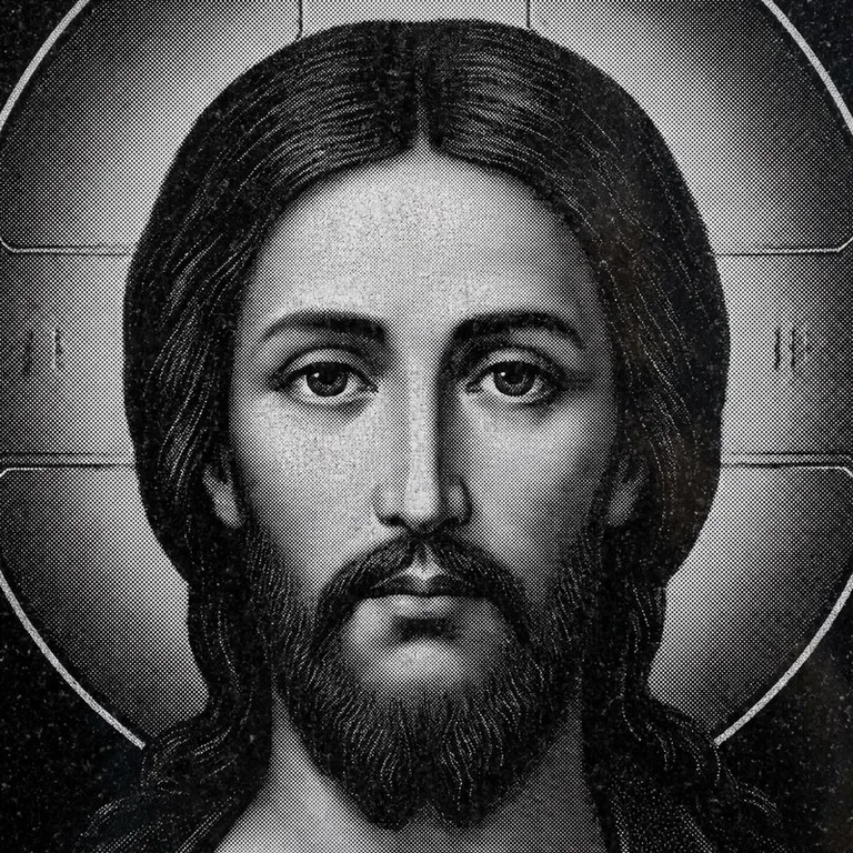 Эскиз иконы: Спас Вседержитель (полутон) — объёмный лик, светотень, гравировка на памятник в Тюмени