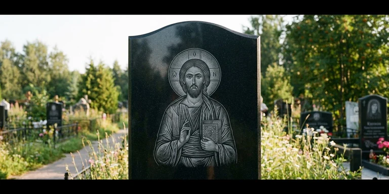 Иконы для гравировки на памятник в Тюмени — образ на стеле из чёрного гранита с ручной доводкой лика