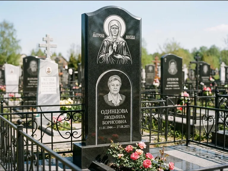 Памятник с гравировкой иконы — Владимирская икона Божией Матери с Младенцем, работа «Зотов» в Тюмени