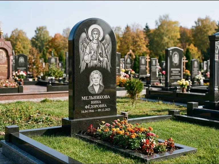 Памятник с гравировкой иконы — икона над портретом усопшего, работа «Журавлёв» в Тюмени