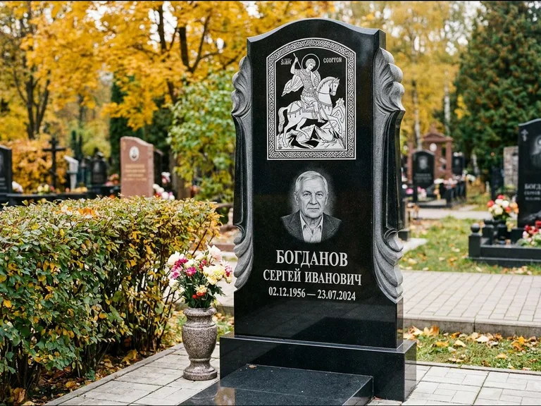 Памятник с гравировкой иконы — икона Спаса Вседержителя над именем усопшего, работа «Лебедева» в Тюмени