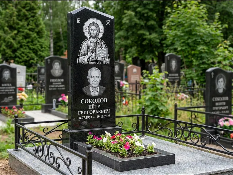 Памятник с гравировкой иконы — образ Николая Чудотворца, работа «Мельникова» в Тюмени