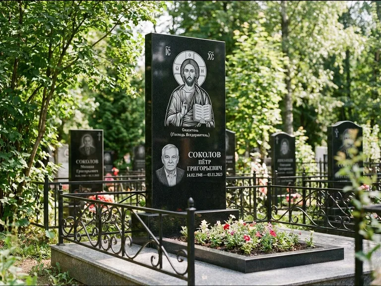 Памятник с гравировкой иконы — икона Спаса Вседержителя над именем усопшего, работа «Воронцова» в Тюмени