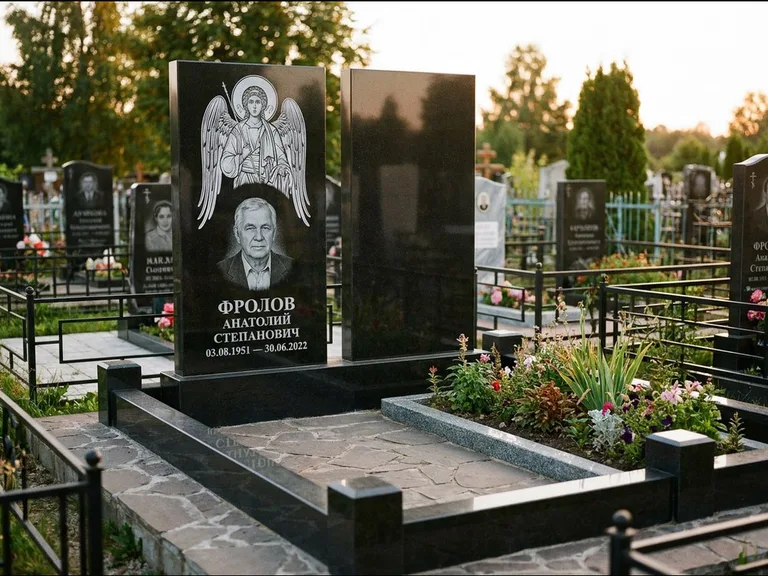 Памятник с гравировкой иконы: стела с резной рамкой вокруг иконы — Архангел Михаил на стеле, белая мраморная крошка с бордюром, работа «Богданова» в Тюмени