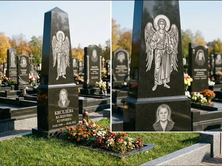 Памятник с гравировкой иконы: асимметричная скошенная стела — гравировка образа Спасителя, живая изгородь из кустарника, работа «Третьяков» в Тюмени