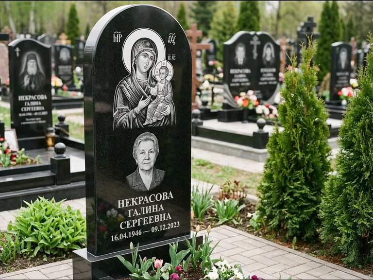 Памятник с гравировкой иконы: фигурная стела с киот-нишей под икону — икона в резной рамке-киоте, светлая гравийная отсыпка, работа «Журавлёв» в Тюмени