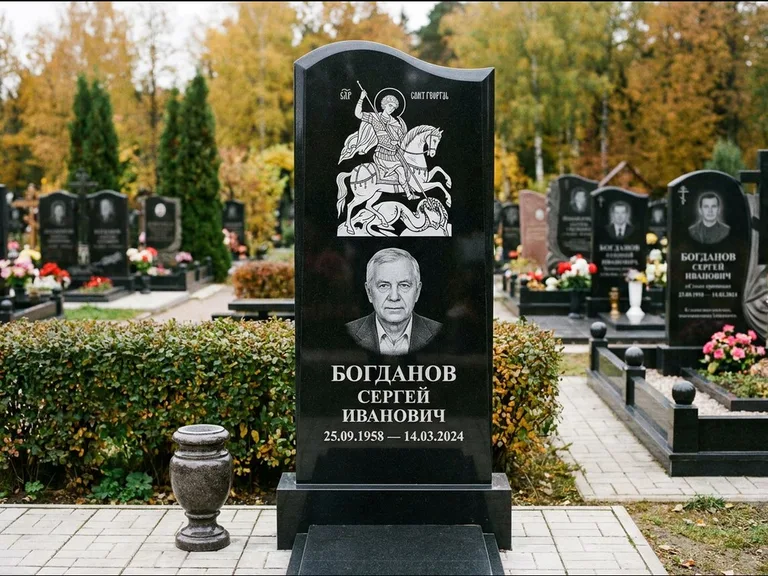 Памятник с гравировкой иконы: монументальный семейный мемориал из двух стел на общем цоколе — гравировка Николая Чудотворца, мощёная гранитная площадка без ограды, работа «Раевская» в Тюмени