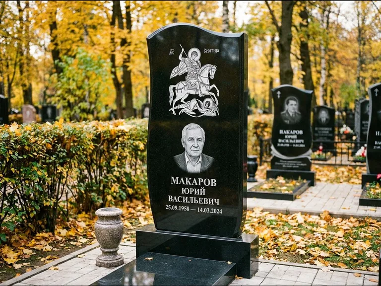 Памятник с гравировкой иконы — икона над портретом усопшего, работа «Раевская» в Тюмени