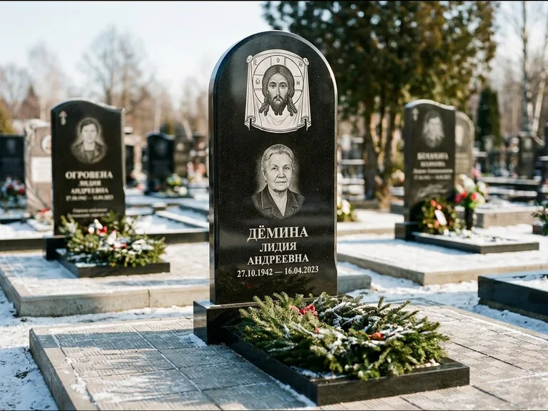 Памятник с гравировкой иконы — икона Спаса Вседержителя над именем усопшего, работа «Ковалёв» в Тюмени
