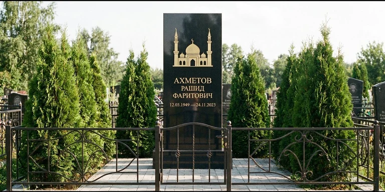 Гравировка мечети на памятник в Тюмени — стела из чёрного гранита, оформление по канонам ислама