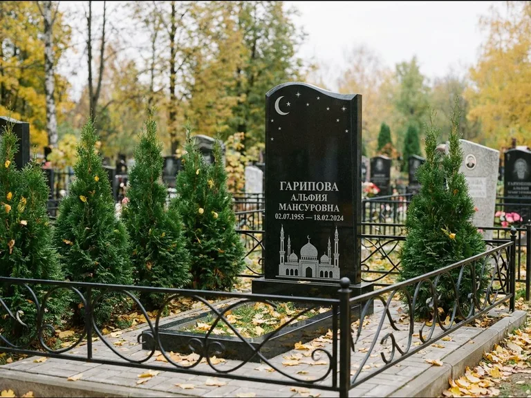 Мусульманский памятник с гравировкой мечети — мечеть с луной в ночном небе, работа «Гарипова» в Тюмени