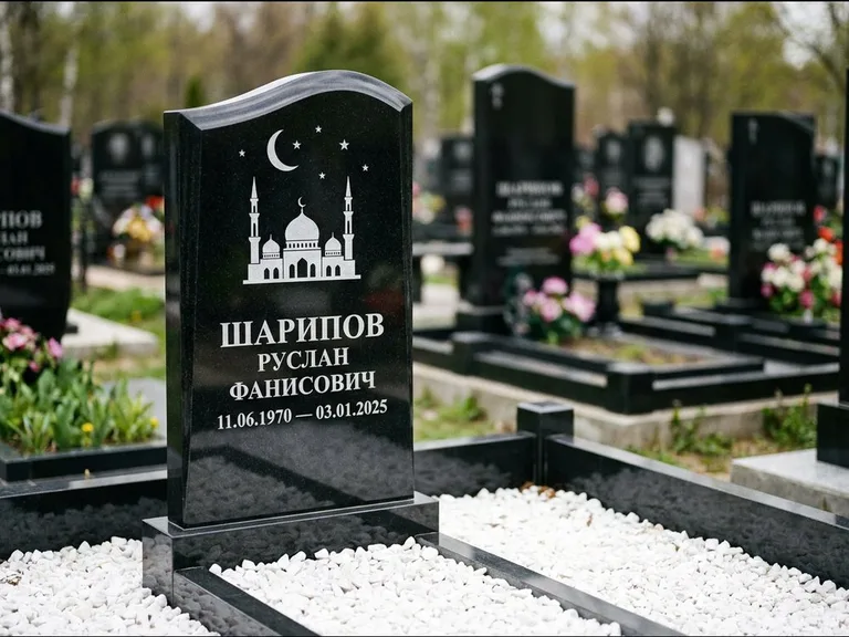 Мусульманский памятник с гравировкой мечети: стела с волнообразным скошенным верхом — гравировка мечети под полумесяцем и звёздами, белая мраморная крошка с бордюром, работа «Шарипов» в Тюмени