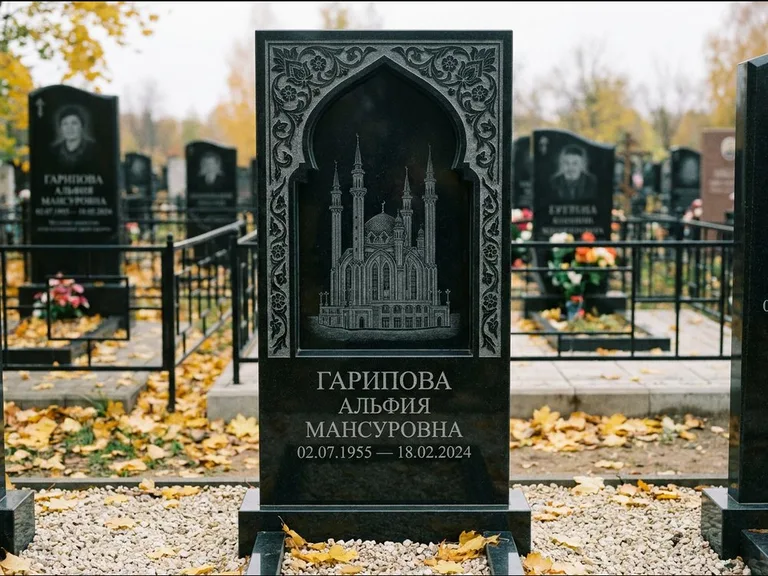 Мусульманский памятник с гравировкой мечети: фигурная стела с михраб-нишей — гравировка мечети в михраб-арке с орнаментом, светлая гравийная отсыпка, работа «Гарипова» в Тюмени