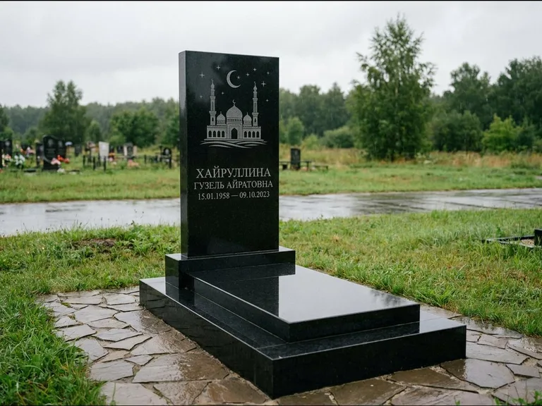 Мусульманский памятник с гравировкой мечети: ступенчатая двухуровневая стела — гравировка мечети под полумесяцем и звёздами, каменная дорожка из плитняка, работа «Хайруллина» в Тюмени