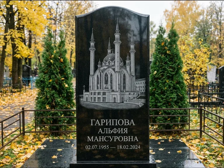 Мусульманский памятник с гравировкой мечети — мечеть Кул-Шариф на обороте стелы, работа «Гарипова» в Тюмени