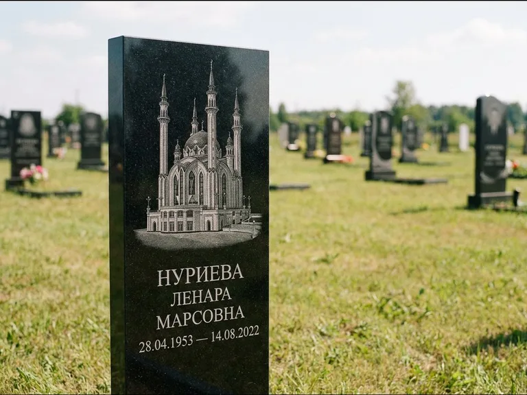 Мусульманский памятник с гравировкой мечети: узкая вертикальная стела-пилон — гравировка мечети в михраб-арке с орнаментом, открытая лужайка без ограды, работа «Хайруллина» в Тюмени