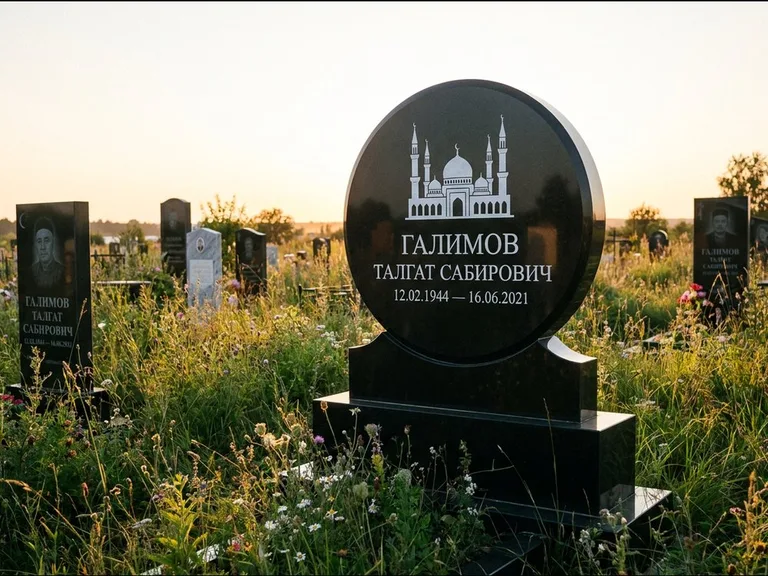 Мусульманский памятник с гравировкой мечети: округлая стела-медальон на тумбе — гравировка мечети в михраб-арке с орнаментом, луговые травы и полевые цветы, работа «Каримов» в Тюмени