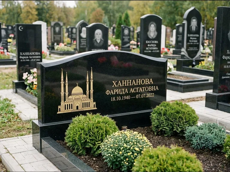 Мусульманский памятник с гравировкой мечети: вытянутая горизонтальная семейная стела с аркой — белая гравировка силуэта мечети с минаретами, участок с декоративными кустами, работа «Гарипова» в Тюмени