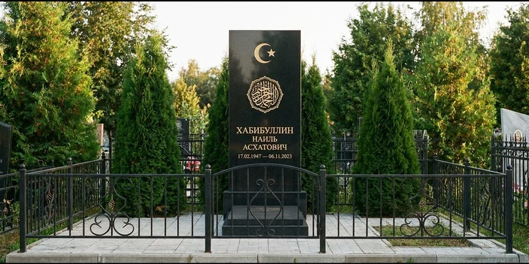 Гравировка на мусульманском памятнике в Тюмени — стела из чёрного гранита, оформление по канонам ислама