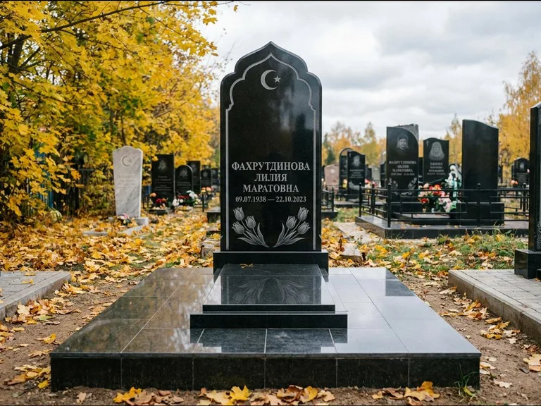 Мусульманский памятник: стела с михраб-навершием в форме арки — гравировка минарета с полумесяцем, гранитный цоколь с тёмной плиткой, работа «Фахрутдинова» в Тюмени