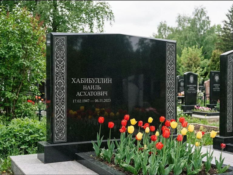 Мусульманский памятник: широкая двойная семейная стела — золочёная гравировка мечети, цветник с тюльпанами, работа «Хабибуллин» в Тюмени