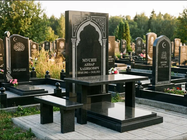 Мусульманский памятник: стела с гранитным столиком и скамьёй — гравировка мечети под полумесяцем и звёздами, семейный участок с плиткой, работа «Гимаев» в Тюмени
