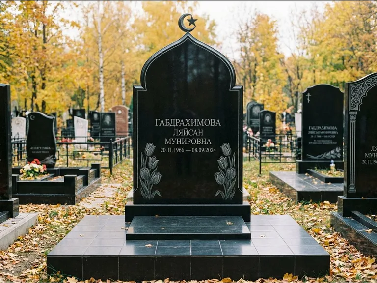 Мусульманский памятник: массивная стела с михраб-навершием — белая гравировка силуэта мечети с минаретами, цоколь тёмной плиткой, работа «Магомедова» в Тюмени