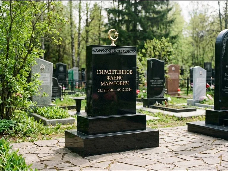 Мусульманский памятник: ступенчатая трёхуровневая стела — золочёная гравировка мечети, дорожка из природного плитняка, работа «Мустафин» в Тюмени