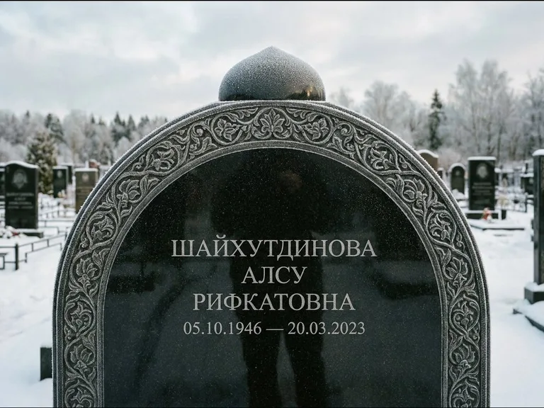 Мусульманский памятник: полукруглая стела с купольным навершием — гравировка мечети под полумесяцем и звёздами, заснеженный зимний участок, работа «Ганиева» в Тюмени