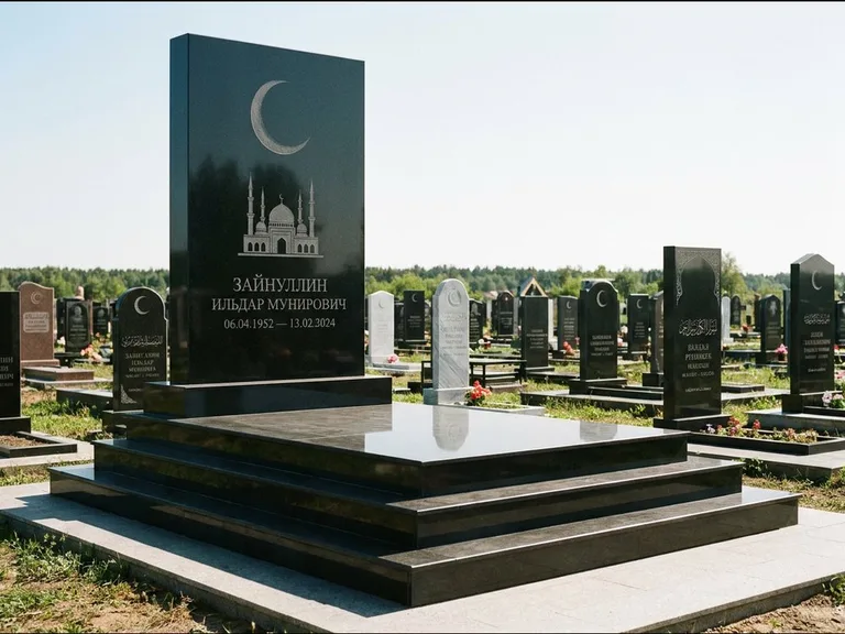 Мусульманский памятник: массивная стела на ступенчатом постаменте — гравировка мечети под полумесяцем и звёздами, гранитная площадка без ограды, работа «Хабибуллин» в Тюмени