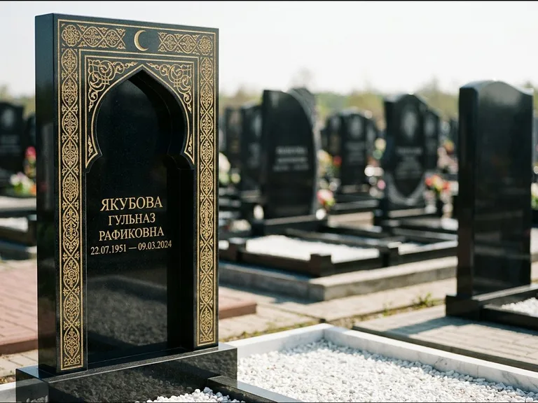 Мусульманский памятник: стела в форме михраба с глубокой нишей и золочёным орнаментом — детализированная гравировка мечети Кул-Шариф, участок с белой мраморной крошкой, работа «Мустафин» в Тюмени