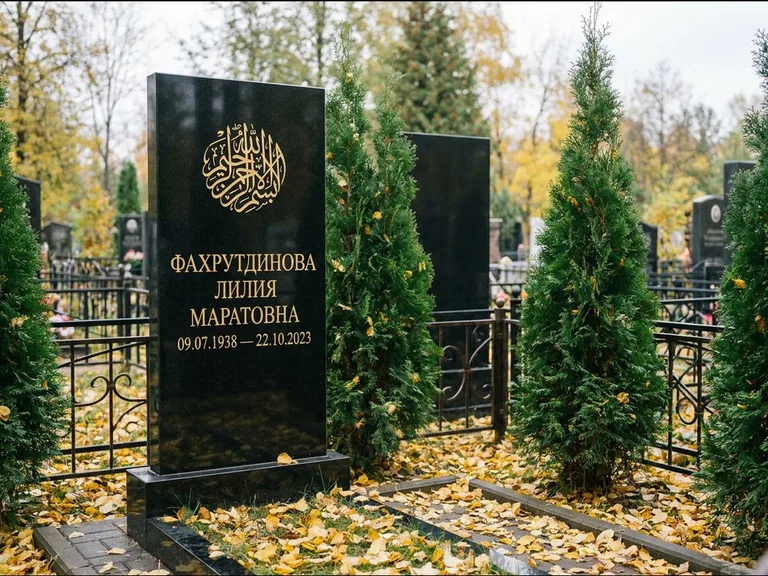 Мусульманский памятник — шахада в верхней части стелы, работа «Фахрутдинова» в Тюмени