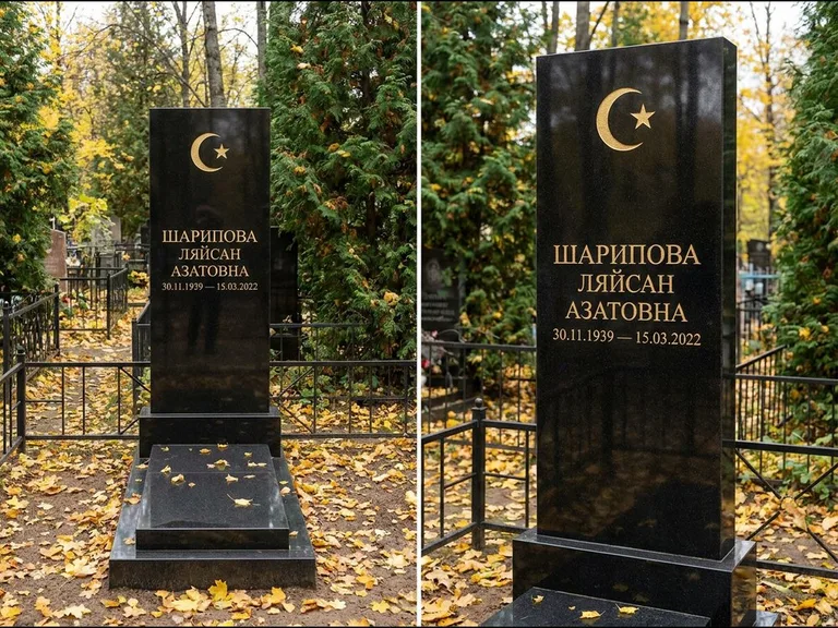 Памятник с гравировкой полумесяца — золочёная гравировка полумесяца со звездой в верхней части с, работа «Шарипова» в Тюмени