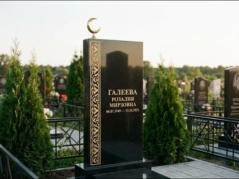 Памятник с гравировкой полумесяца — золочёный полумесяц и колонна растительного орнамента-ислими, работа «Галеева» в Тюмени