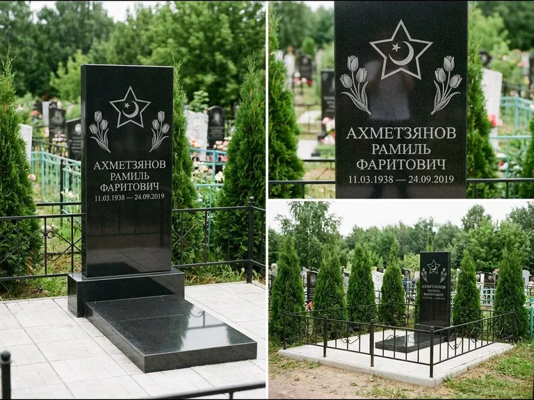 Памятник с гравировкой полумесяца — гравировка полумесяца со звездой и тюльпанами по бокам, работа «Ахметзянов» в Тюмени