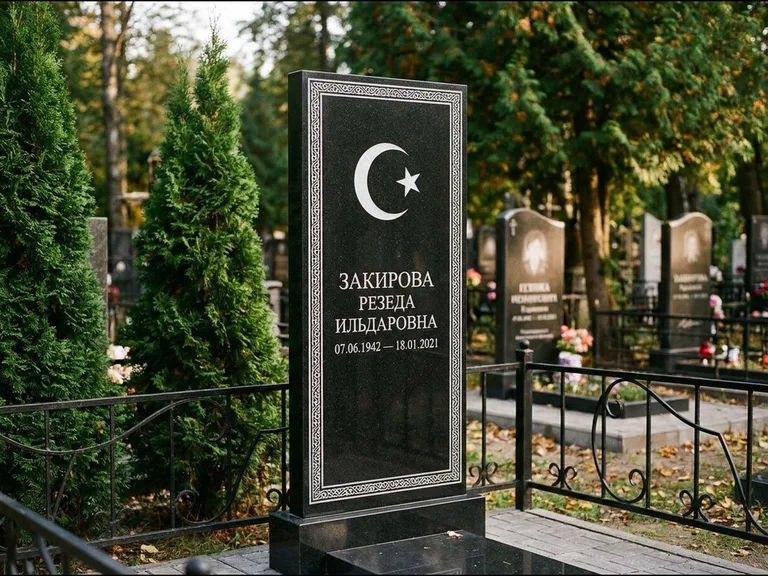 Памятник с гравировкой полумесяца — строгая белая гравировка полумесяца со звездой и орнаменталь, работа «Закирова» в Тюмени