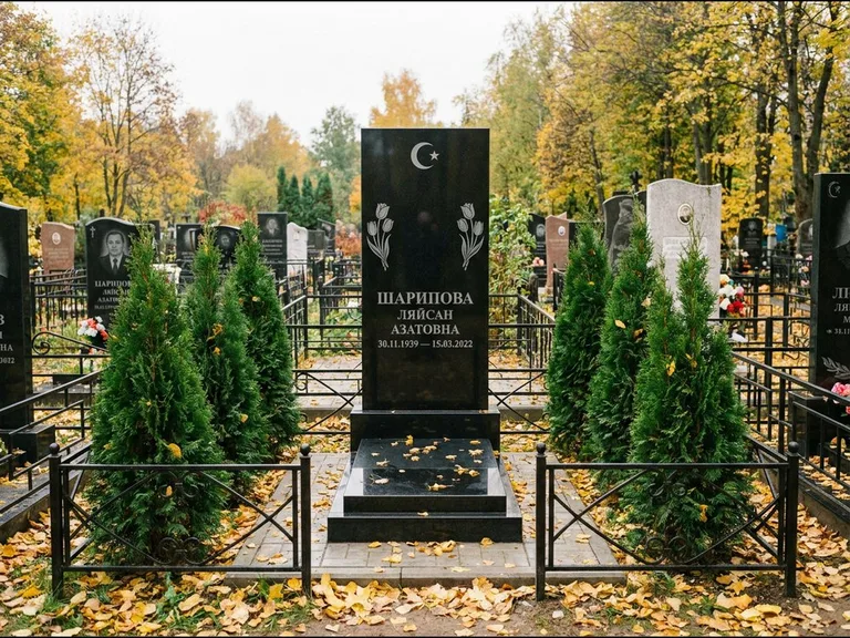 Памятник с гравировкой полумесяца — гравировка полумесяца со звездой и тюльпанами по бокам, работа «Шарипова» в Тюмени