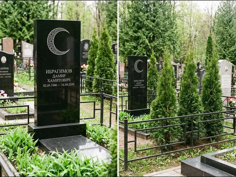 Памятник с гравировкой полумесяца — гравировка полумесяца в геометрическом орнаменте-гирихе, работа «Ибрагимов» в Тюмени