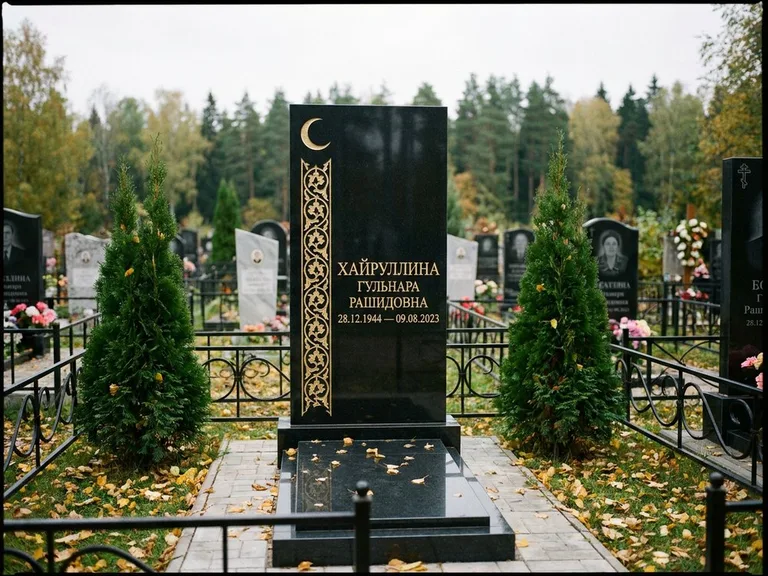Памятник с гравировкой полумесяца — золочёный полумесяц и колонна растительного орнамента-ислими, работа «Хайруллина» в Тюмени