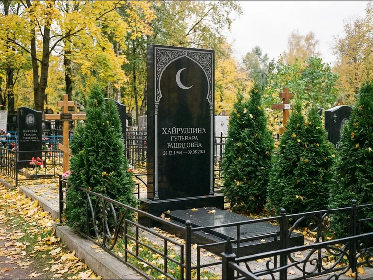 Памятник с гравировкой полумесяца — гравировка полумесяца в восточной арке с орнаментом, работа «Хайруллина» в Тюмени