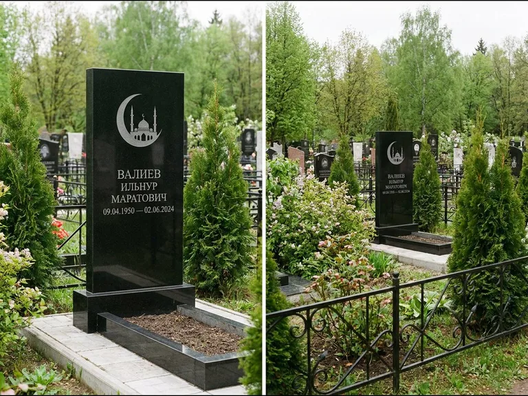 Памятник с гравировкой полумесяца — гравировка полумесяца над силуэтом мечети, работа «Валиев» в Тюмени